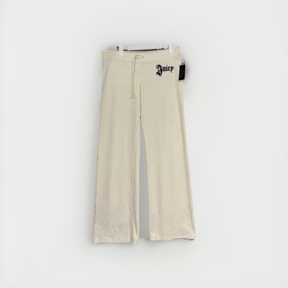 Juicy Couture Crown Fleece Wide Leg Jogger Pants Cream Large NWT $80 Retail - Picture 1 of 12